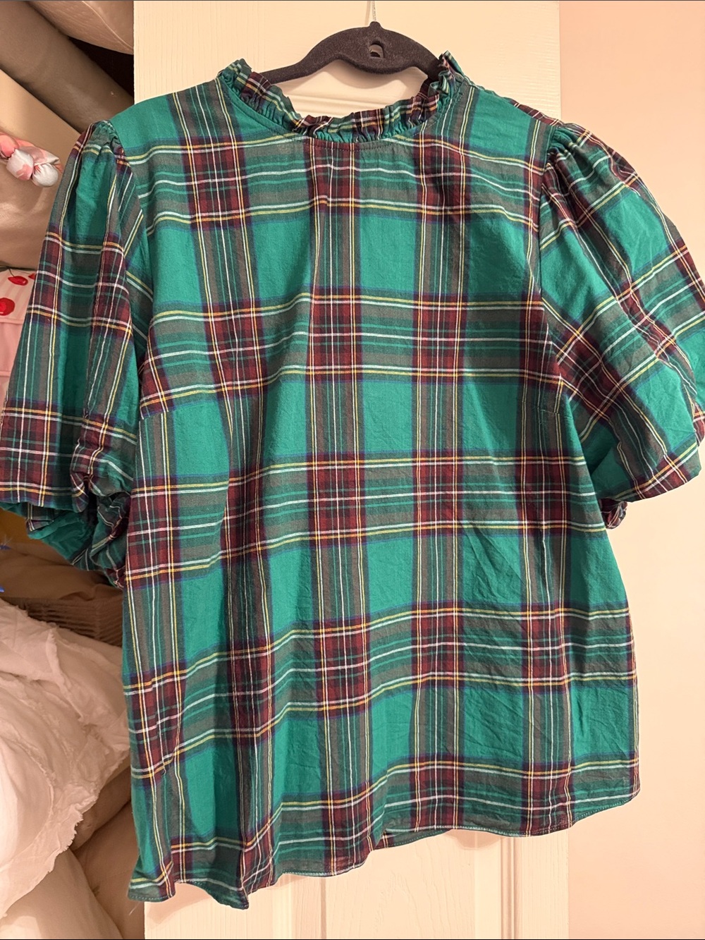 Annie wear Teal Plaid Puff-Sleeve Top